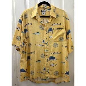 Columbia Sportswear Yellow Fish Print Short Sleeve Button-Up Shirt L Men's